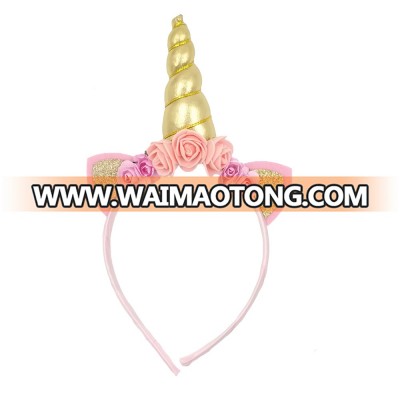 Happy Golden shining Unicorn  Hairbands with sparkly ears  floral  Unicorn Headbands for fancy  baby