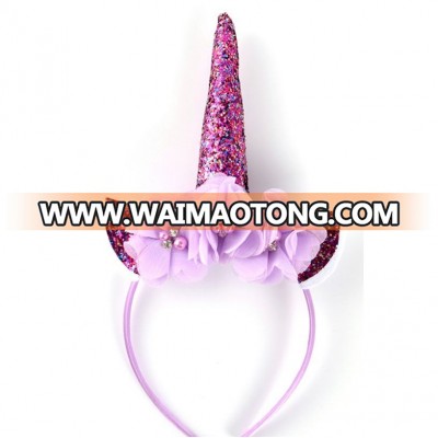 Purple Sparkly Cat Ears Unicorn Headband With Flower Pearl Baby Birthday Unicorn Photo Shoot Accessories