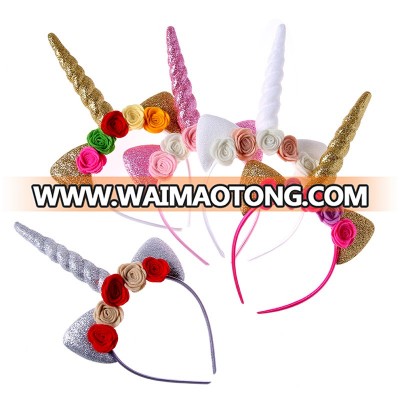 Alternate Ranking Satin Flowers Unicorn Horn Headband For Kids Floral Bow